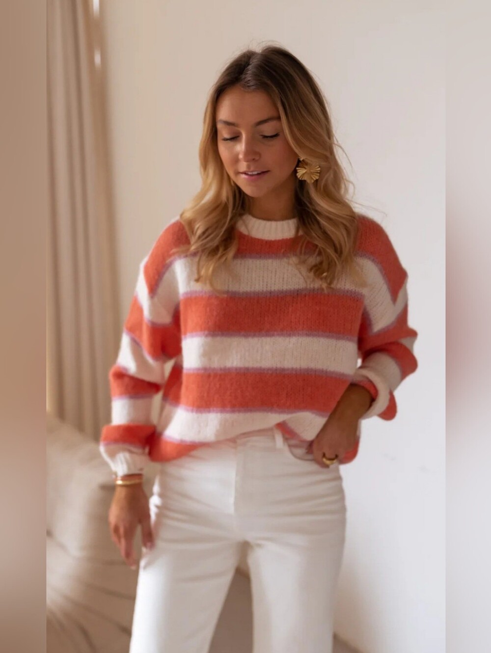 Striped Crewneck Knit Sweater in Orange and Purple